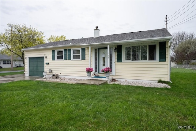 single story home featuring driveway, a chimney, fence, a front lawn, and a garage