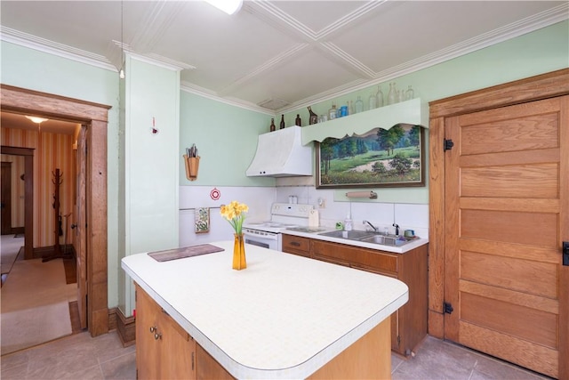 kitchen featuring exhaust hood, a sink, light tile patterned flooring, white electric range, and light countertops