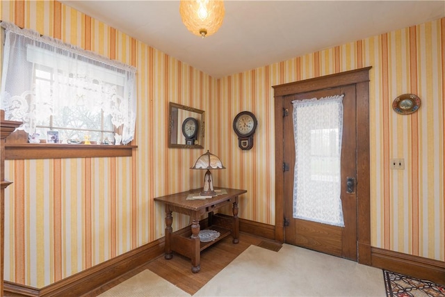 foyer with wood finished floors, a healthy amount of sunlight, and baseboards