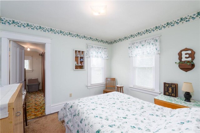 bedroom with light colored carpet
