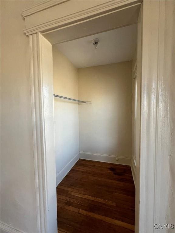 walk in closet with wood finished floors