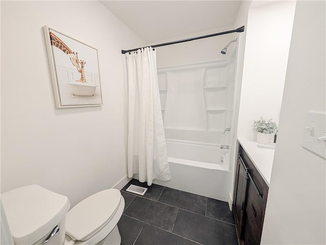 bathroom featuring tile patterned floors, shower / bath combo, toilet, vanity, and visible vents