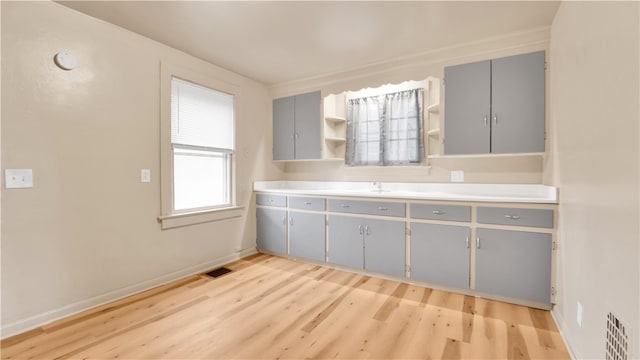 kitchen with gray cabinets, open shelves, visible vents, light wood-style flooring, and baseboards