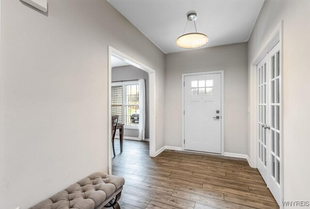 entryway with wood finished floors, a healthy amount of sunlight, and baseboards