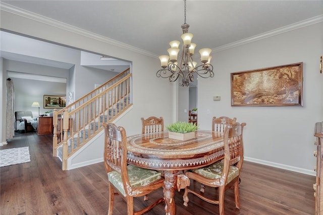 dining space featuring an inviting chandelier, crown molding, stairs, baseboards, and wood finished floors