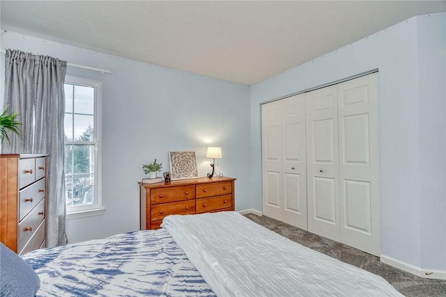 carpeted bedroom with baseboards, multiple windows, and a closet