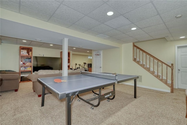 game room with baseboards, recessed lighting, carpet floors, and a paneled ceiling