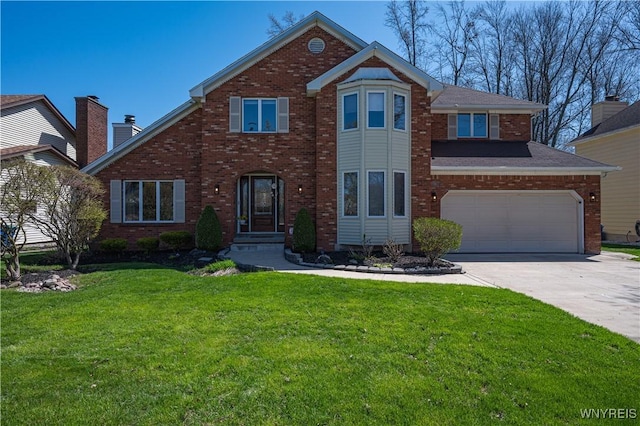 traditional-style house with brick siding, a front yard, driveway, and an attached garage