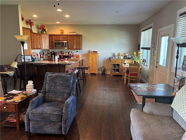 living room featuring dark wood finished floors and recessed lighting