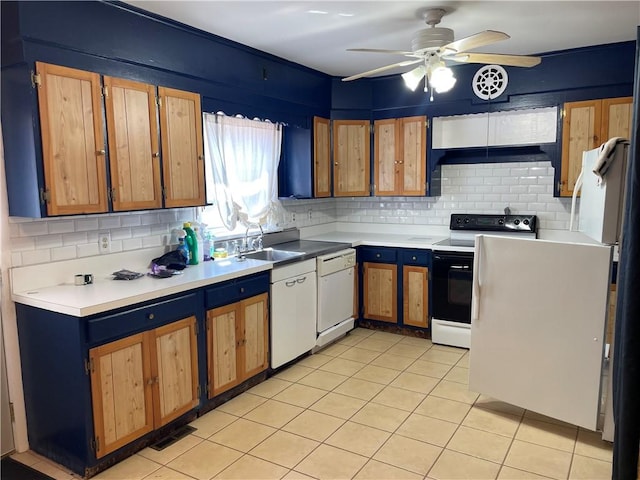 kitchen featuring light tile patterned floors, electric range oven, ceiling fan, and decorative backsplash