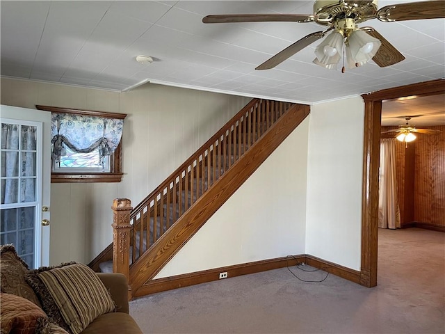 living room with carpet flooring, stairway, crown molding, a ceiling fan, and baseboards