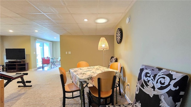 dining room with carpet, recessed lighting, and baseboards