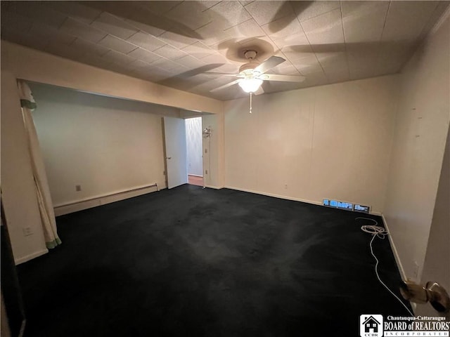 spare room with a ceiling fan, dark colored carpet, and a baseboard radiator