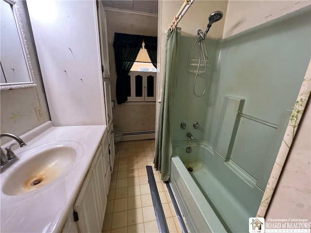 bathroom featuring a baseboard heating unit, tile patterned floors, shower / bath combo, and vanity