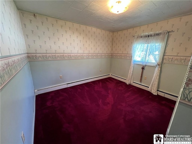 unfurnished room featuring dark carpet and wallpapered walls
