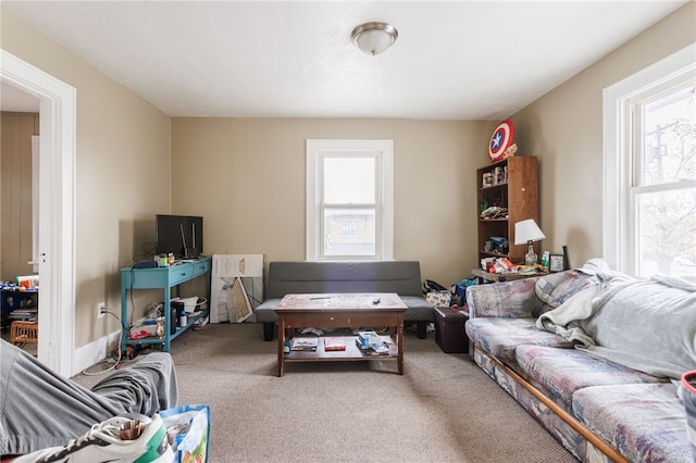 carpeted living area featuring plenty of natural light