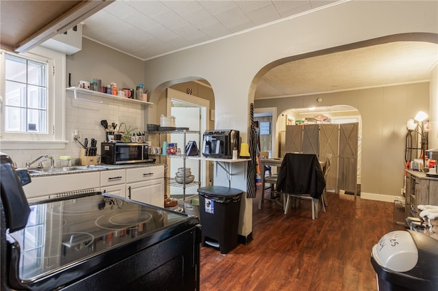 kitchen with arched walkways and crown molding