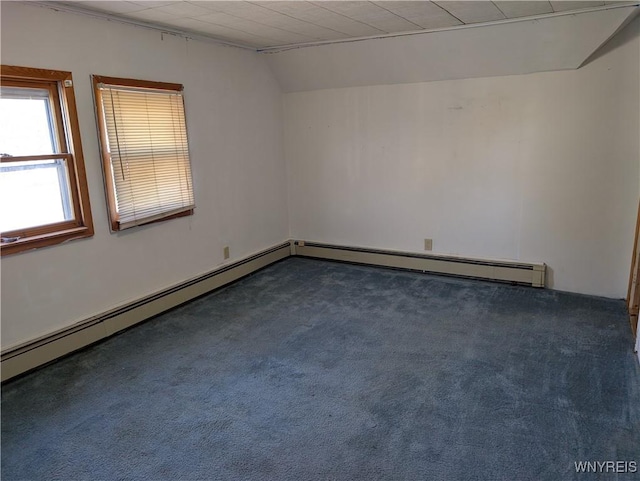 unfurnished room featuring a baseboard radiator and carpet floors