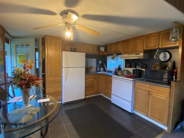 kitchen featuring dark tile patterned flooring, white appliances, a ceiling fan, and under cabinet range hood