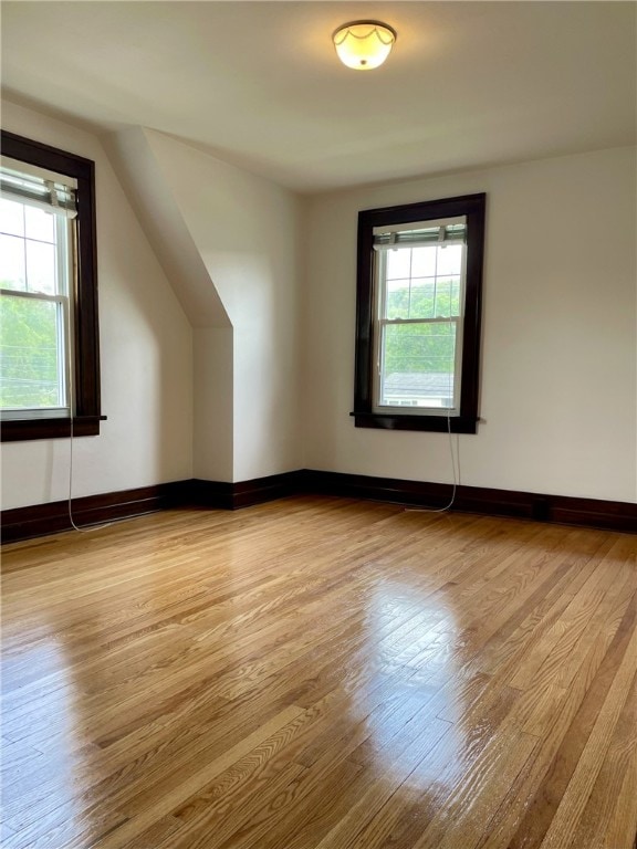 additional living space with baseboards, wood finished floors, and a healthy amount of sunlight
