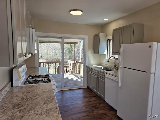 4844 Onondaga Rd, Onondaga, NY 13215 - kitchen with gray cabinetry, a sink, light countertops, and white appliances
