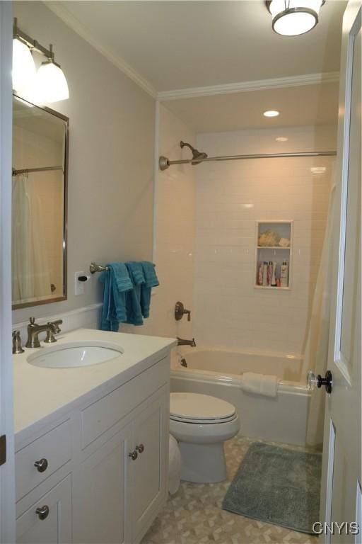 43335 Schoolhouse Rd, Clayton, NY 13624 - bathroom with vanity, ornamental molding, shower / tub combo with curtain, and toilet