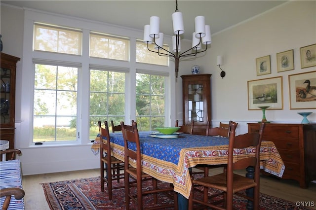 43335 Schoolhouse Rd, Clayton, NY 13624 - dining space with a healthy amount of sunlight, wood finished floors, and a notable chandelier