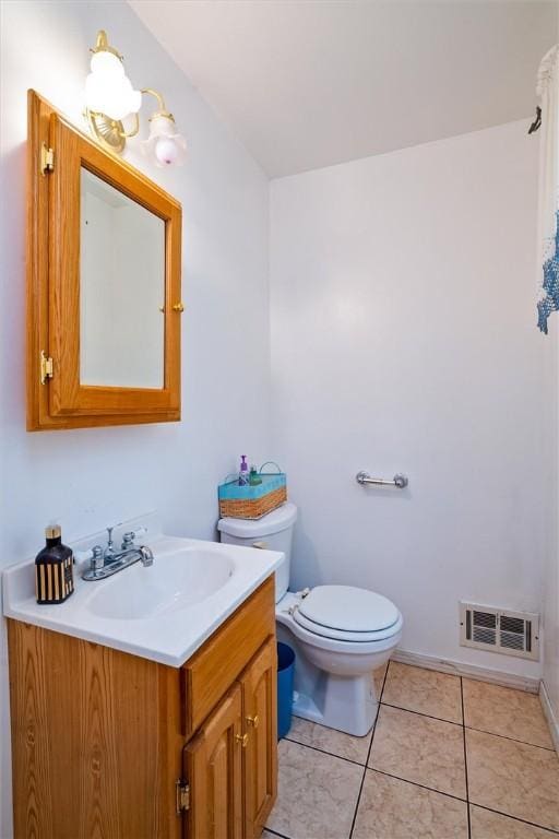 half bath with tile patterned floors, visible vents, toilet, and vanity