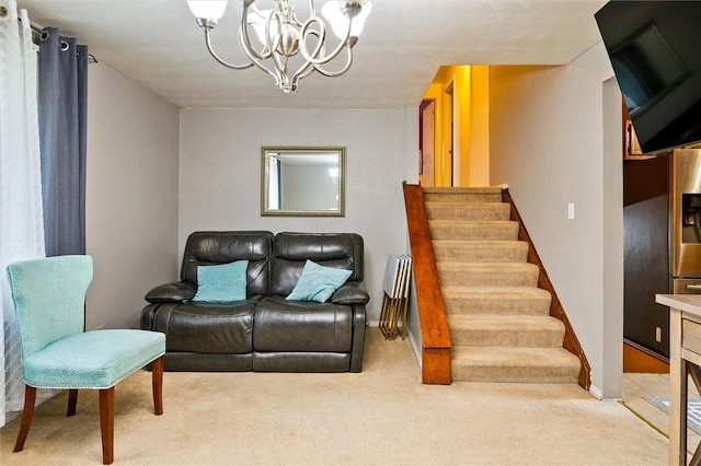 living room with baseboards, stairway, an inviting chandelier, and carpet