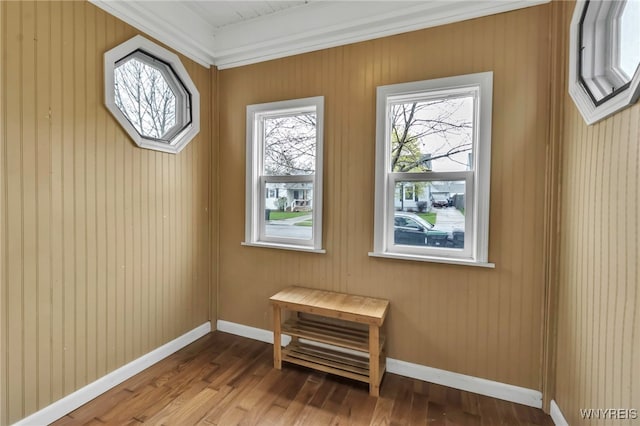 interior space with wooden walls, wood finished floors, and baseboards
