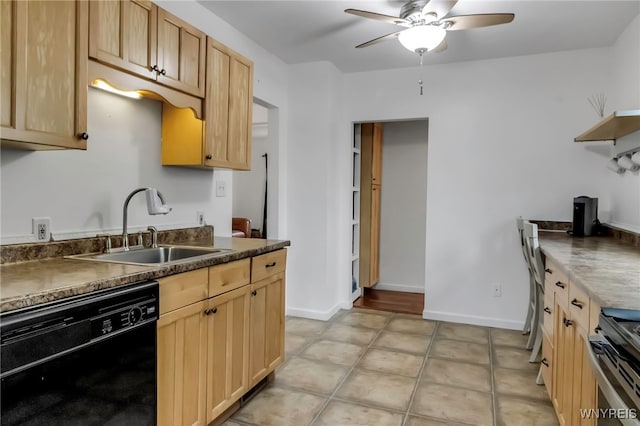 kitchen featuring a sink, ceiling fan, dark countertops, dishwasher, and stainless steel range oven