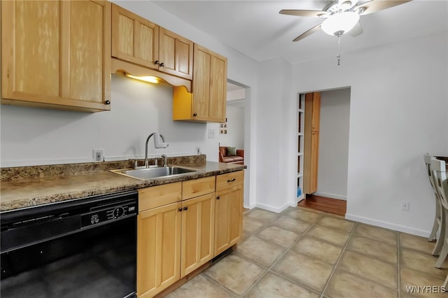 kitchen featuring light brown cabinets, light tile patterned floors, ceiling fan, dishwasher, and a sink