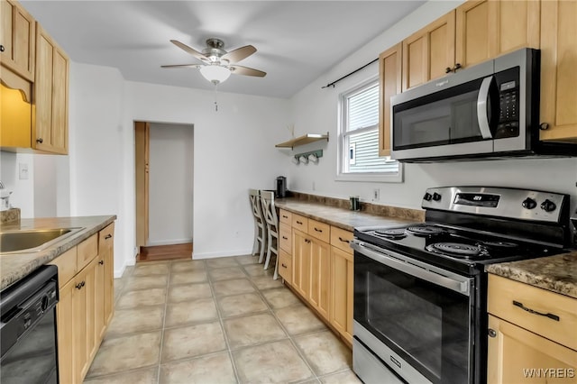 kitchen featuring open shelves, a sink, stainless steel appliances, light brown cabinetry, and a ceiling fan