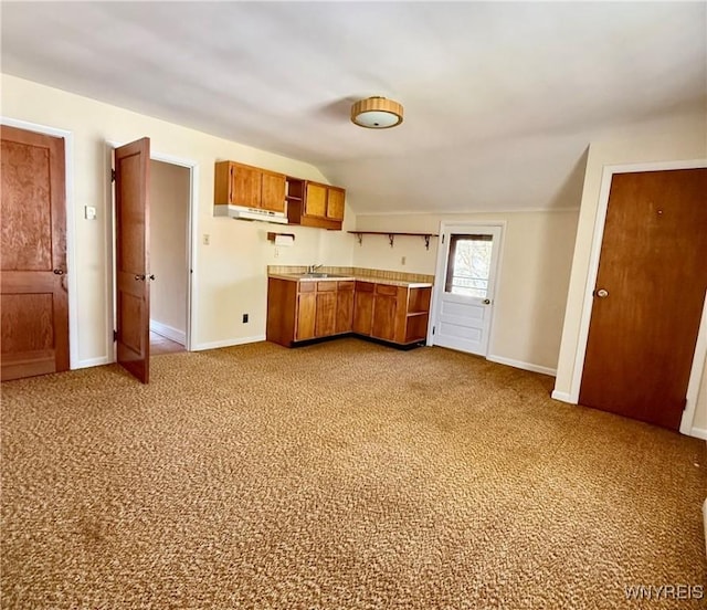 kitchen with baseboards, light colored carpet, and brown cabinets