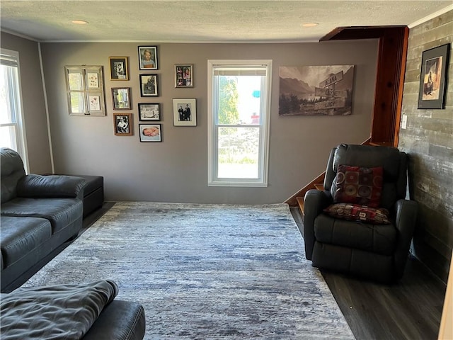 living area featuring wood finished floors, a healthy amount of sunlight, and a textured ceiling