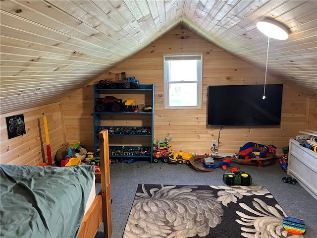 carpeted bedroom featuring vaulted ceiling, wooden ceiling, and wood walls