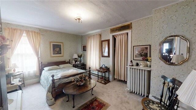 20 S Main St, Sherburne, NY 13460 - bedroom featuring wallpapered walls, radiator heating unit, and light carpet