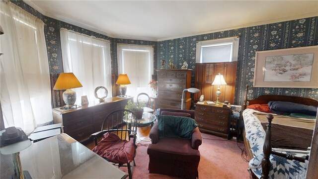 20 S Main St, Sherburne, NY 13460 - carpeted bedroom with wallpapered walls, ornamental molding, and multiple windows