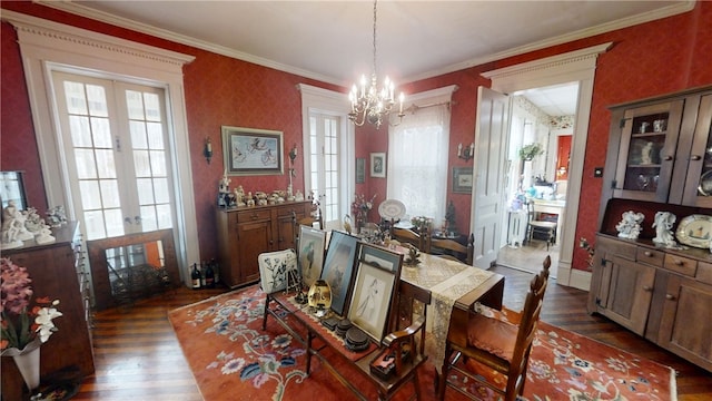 20 S Main St, Sherburne, NY 13460 - dining room with ornamental molding, french doors, a chandelier, and dark wood-type flooring