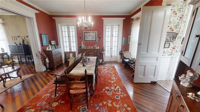 20 S Main St, Sherburne, NY 13460 - dining area featuring an inviting chandelier, dark wood-style flooring, and ornamental molding