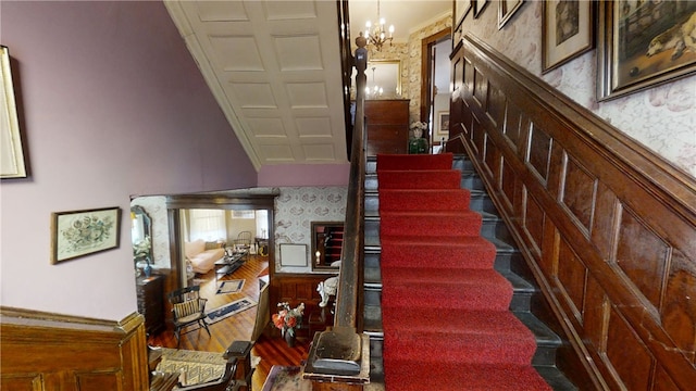 20 S Main St, Sherburne, NY 13460 - staircase with wallpapered walls and a chandelier