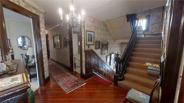 20 S Main St, Sherburne, NY 13460 - interior space featuring wood finished floors, a notable chandelier, wallpapered walls, and stairs