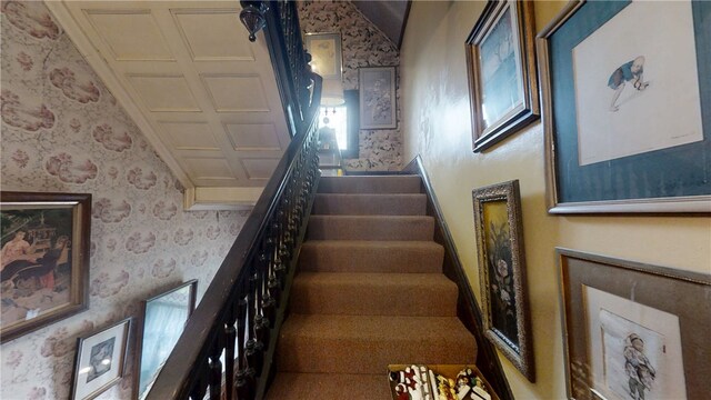 20 S Main St, Sherburne, NY 13460 - stairway featuring wallpapered walls and lofted ceiling