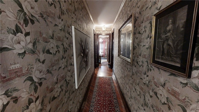 20 S Main St, Sherburne, NY 13460 - hall featuring ornamental molding, wallpapered walls, and wood finished floors