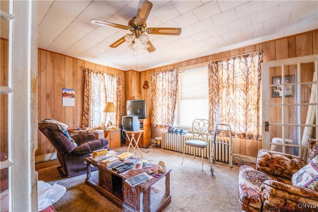 39 Ward St, Little Falls-City, NY 13365 - living area featuring plenty of natural light, a ceiling fan, wooden walls, and carpet flooring