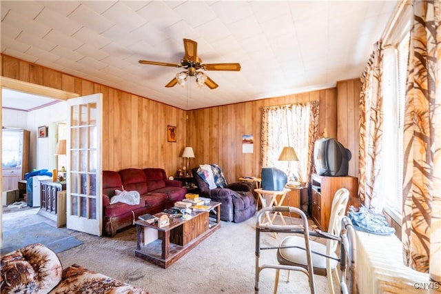 39 Ward St, Little Falls-City, NY 13365 - living area with carpet floors, wood walls, ceiling fan, and a healthy amount of sunlight