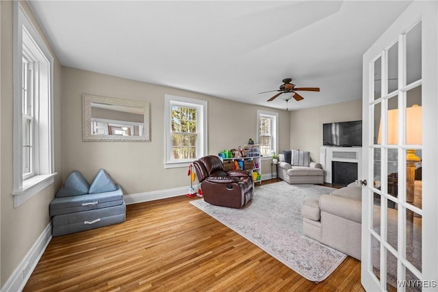 living area with a fireplace, wood finished floors, and baseboards
