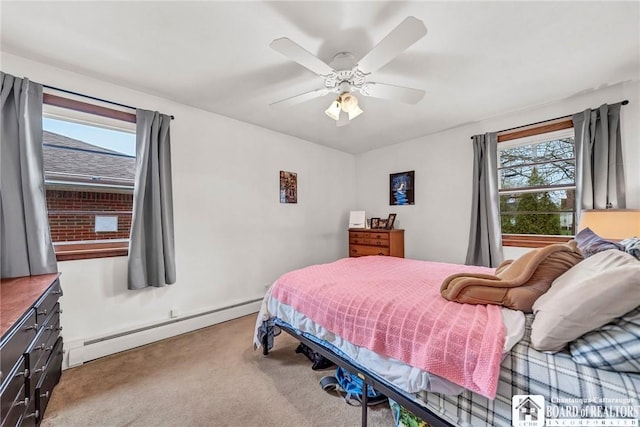 bedroom featuring carpet floors, ceiling fan, and a baseboard radiator