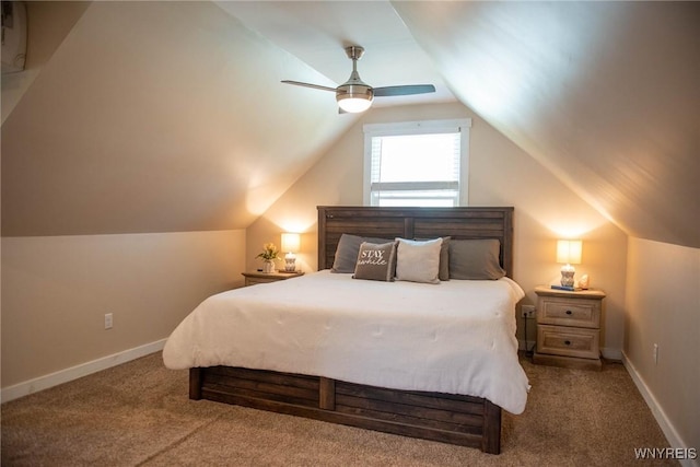 bedroom featuring baseboards, a ceiling fan, carpet, and lofted ceiling