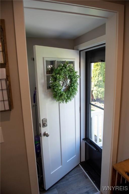 entryway with dark wood finished floors